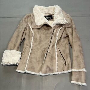 VTG Y2K Guess Women Baby Doll  Beige Shearling Faux Fur Jacket M Preppy Emo-4227